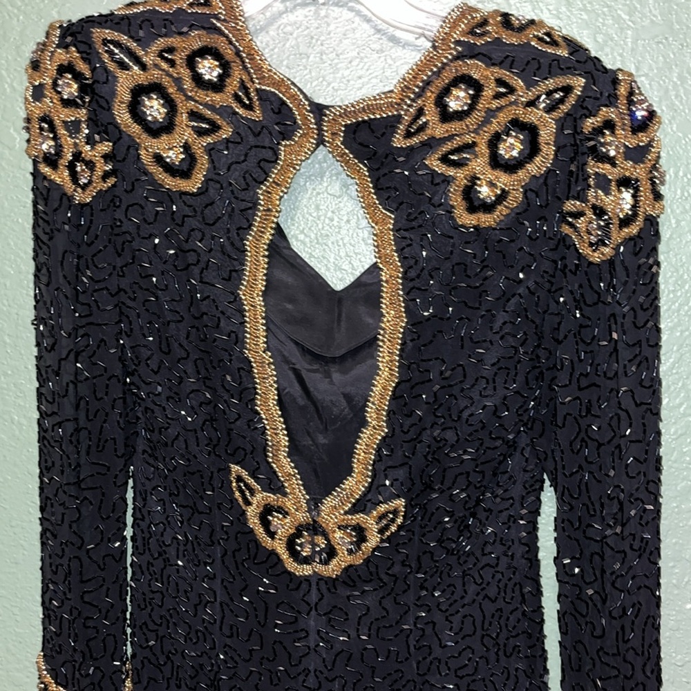 vintage long sleeve heavily beaded black and gold silk dress 70s 80s Morigana - Picture 5 of 8